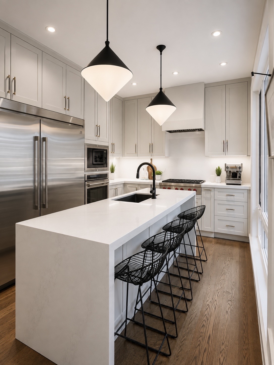 Modern kitchen with light grey shaker cabinets, waterfall island and black pendants