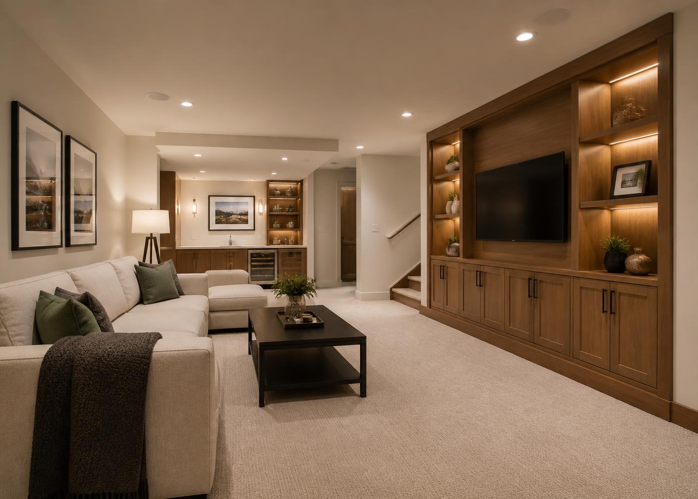 Finished basement living space with custom built-ins