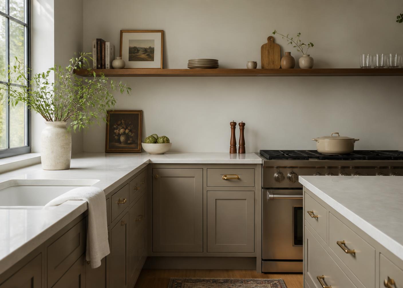 Warm minimal kitchen with refinished taupe cabinetry